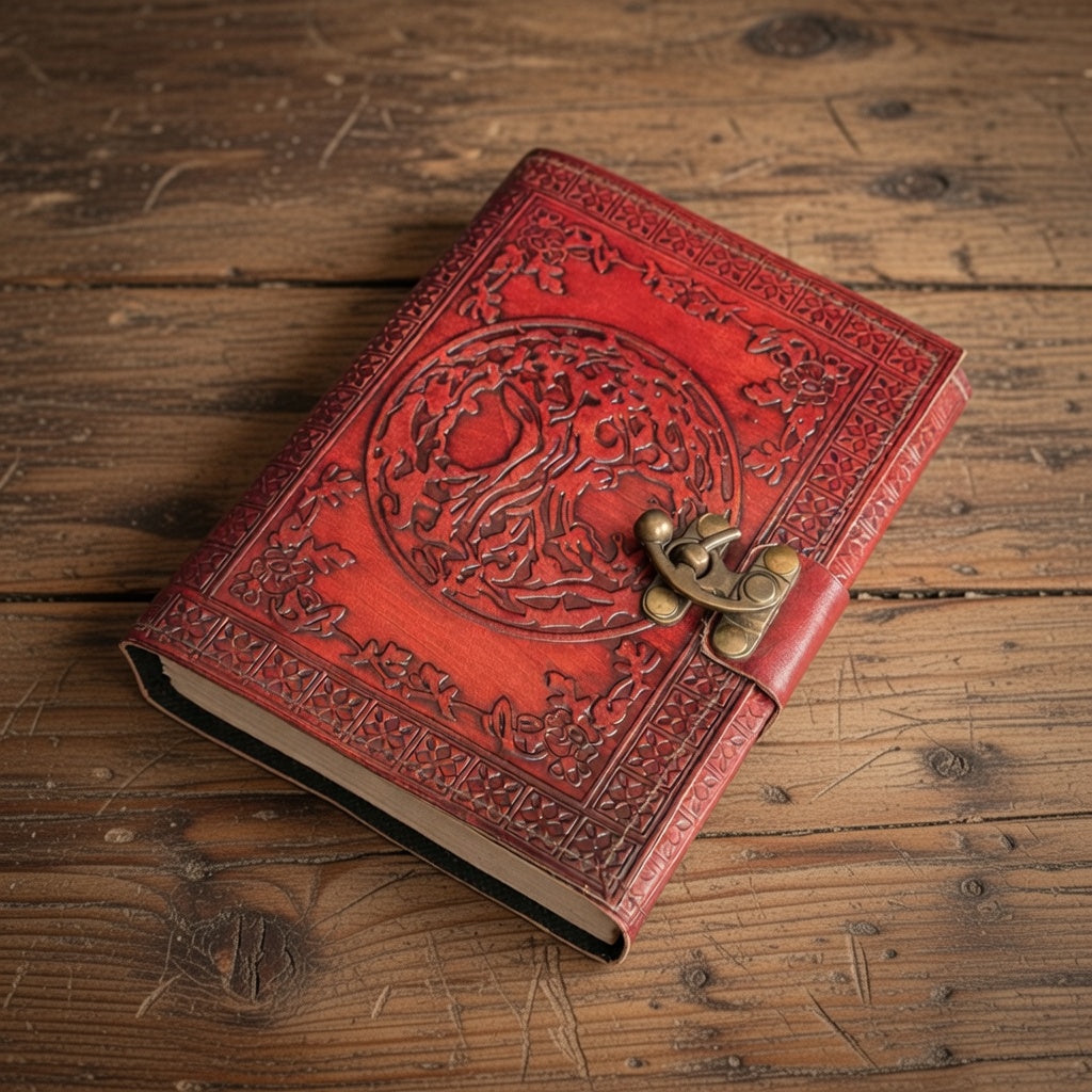 Embossed leather bound tree of life book of shadows, on a wooden surface.