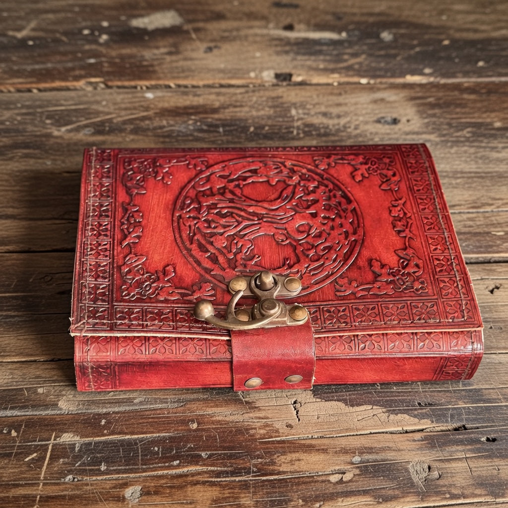 Embossed leather bound tree of life book of shadows, on a wooden surface.