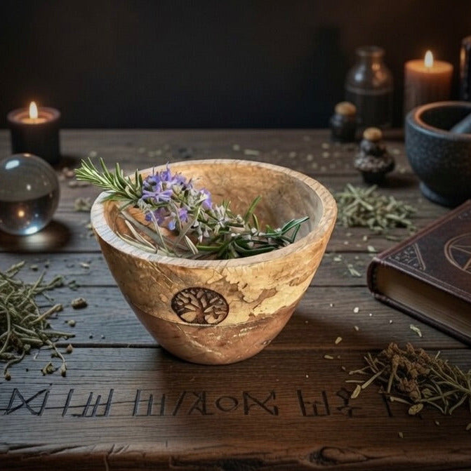 Wooden offering bowl with tree of life design on a wooden surface with rosemary and books in the background