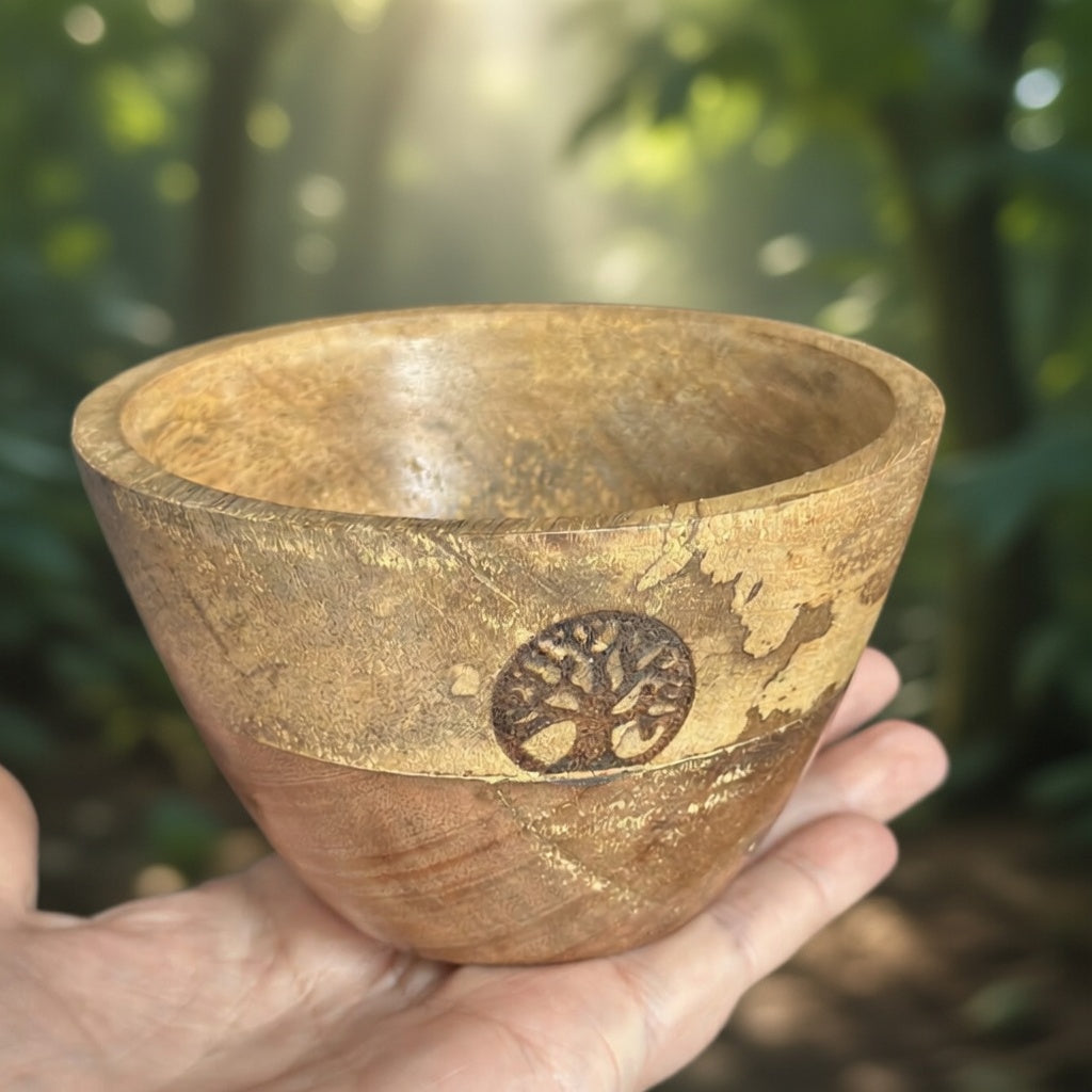Wooden ritual bowl with a tree of life engraving held in a hand against a blurred natural background