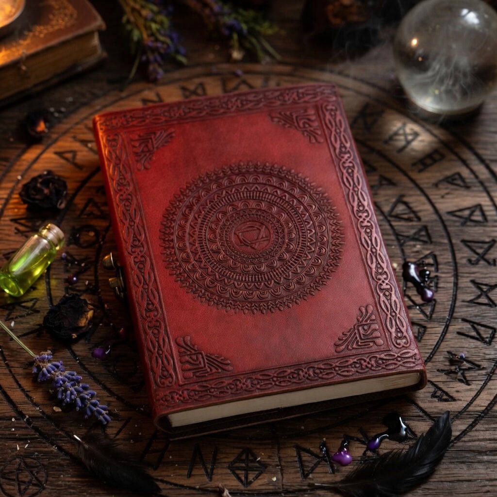 Leather book with embossed design on an occult carved wooden surface with mystical items.
