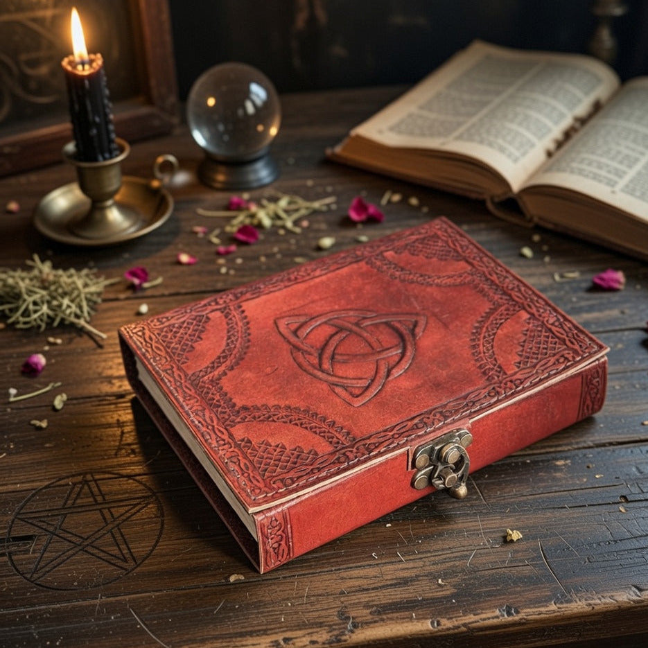Leather-bound book with embossed triquetra design on a wooden table with candles and an open book.