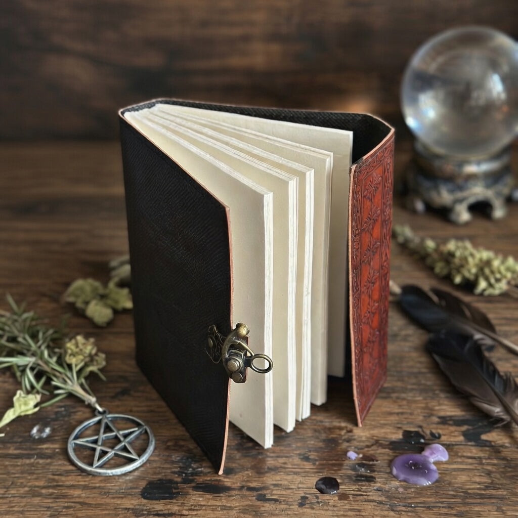 Open leather-bound book on a wooden surface with herbs, a pentacle, and a crystal ball in the background.