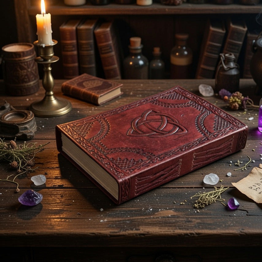 Witchcraft setup with a leather-bound book featuring a triquetra knot, candles and bottles on a wooden table.
