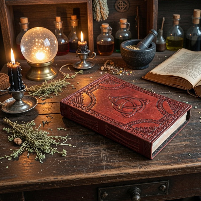 Book of shadows on a wooden table with witchcraft related items around it