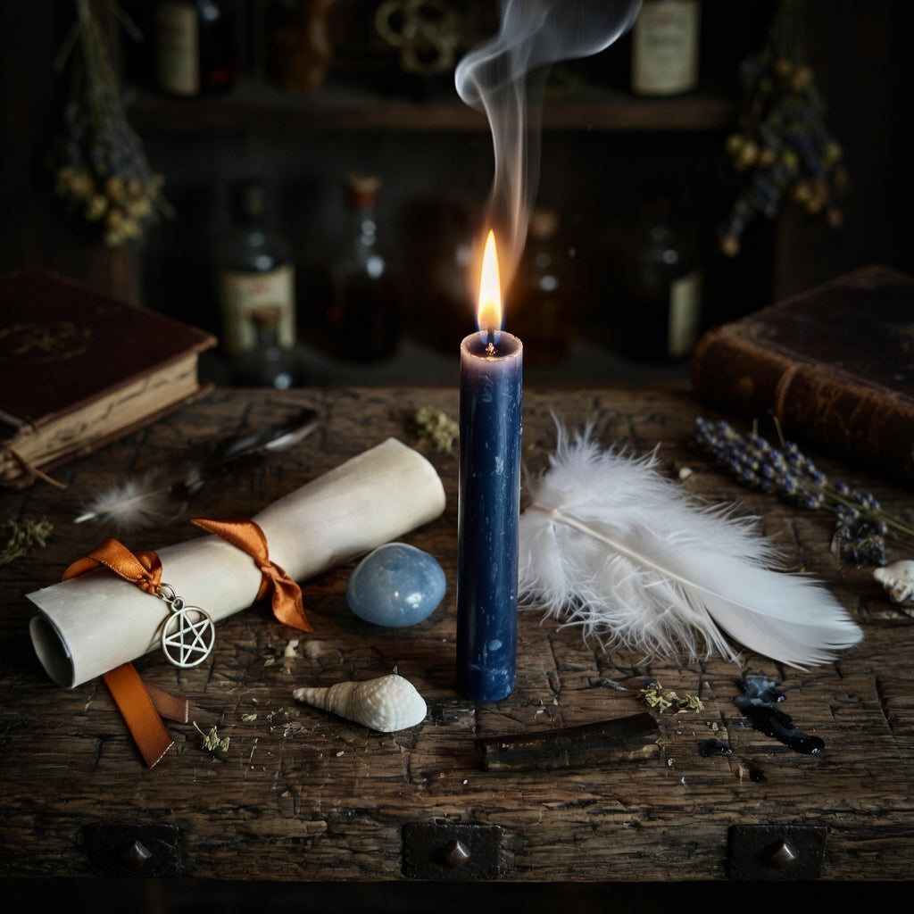 Truth spell casting using lit candle, scroll, feather and shell, on a rough carved wooden surface