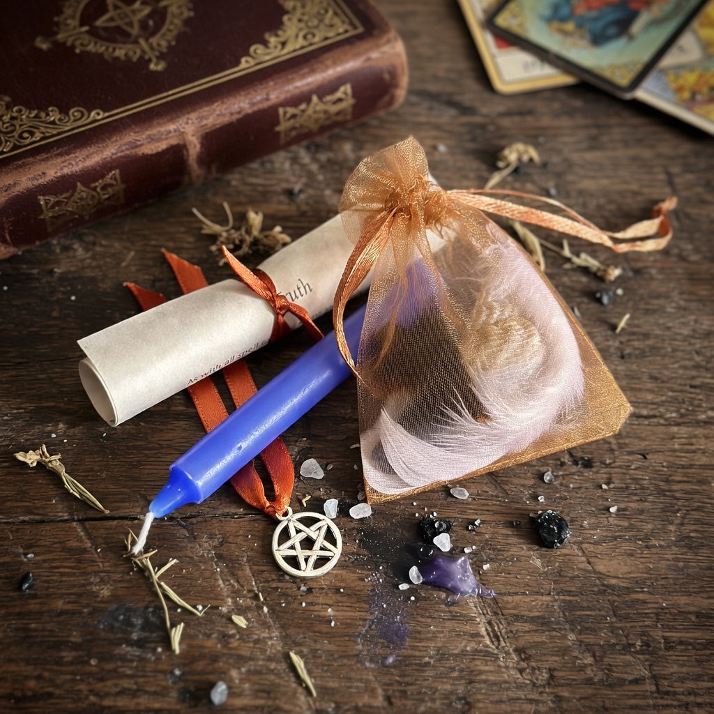 Truth spell kit with candle and scroll on rough wood surface with witchcraft items