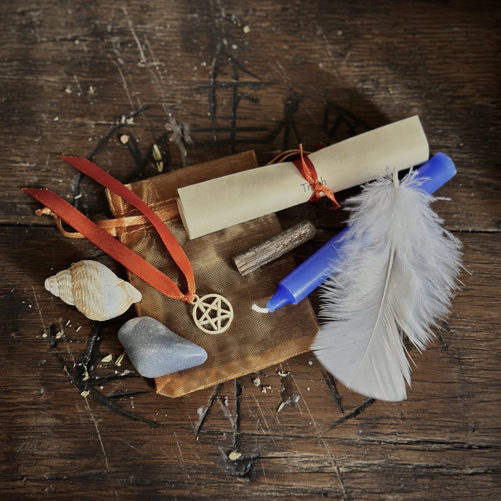 Truth spell kit with scroll, feather, candle and stone, on a rough carved surface with occult symbols