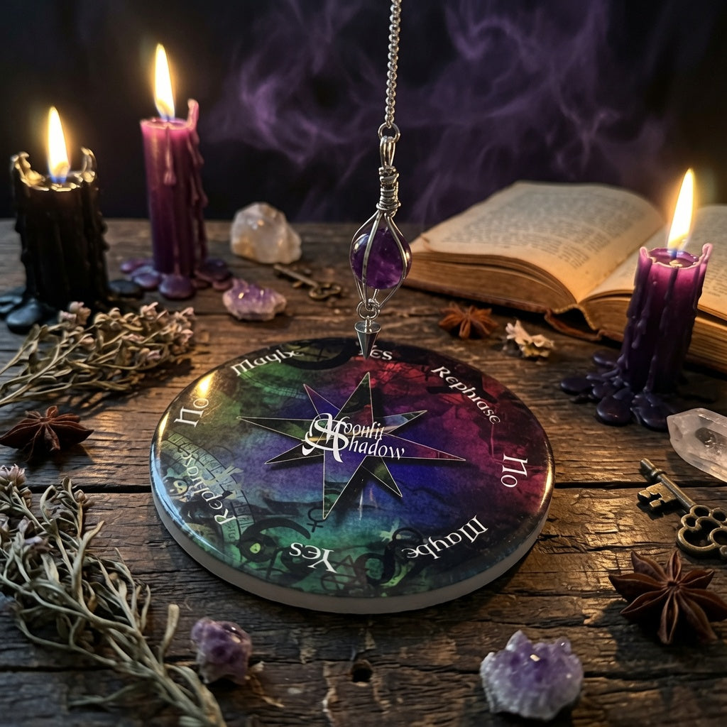 Moonlit Shadow pendulum board and amethyst pendulum on a wooden table with candles and crystals