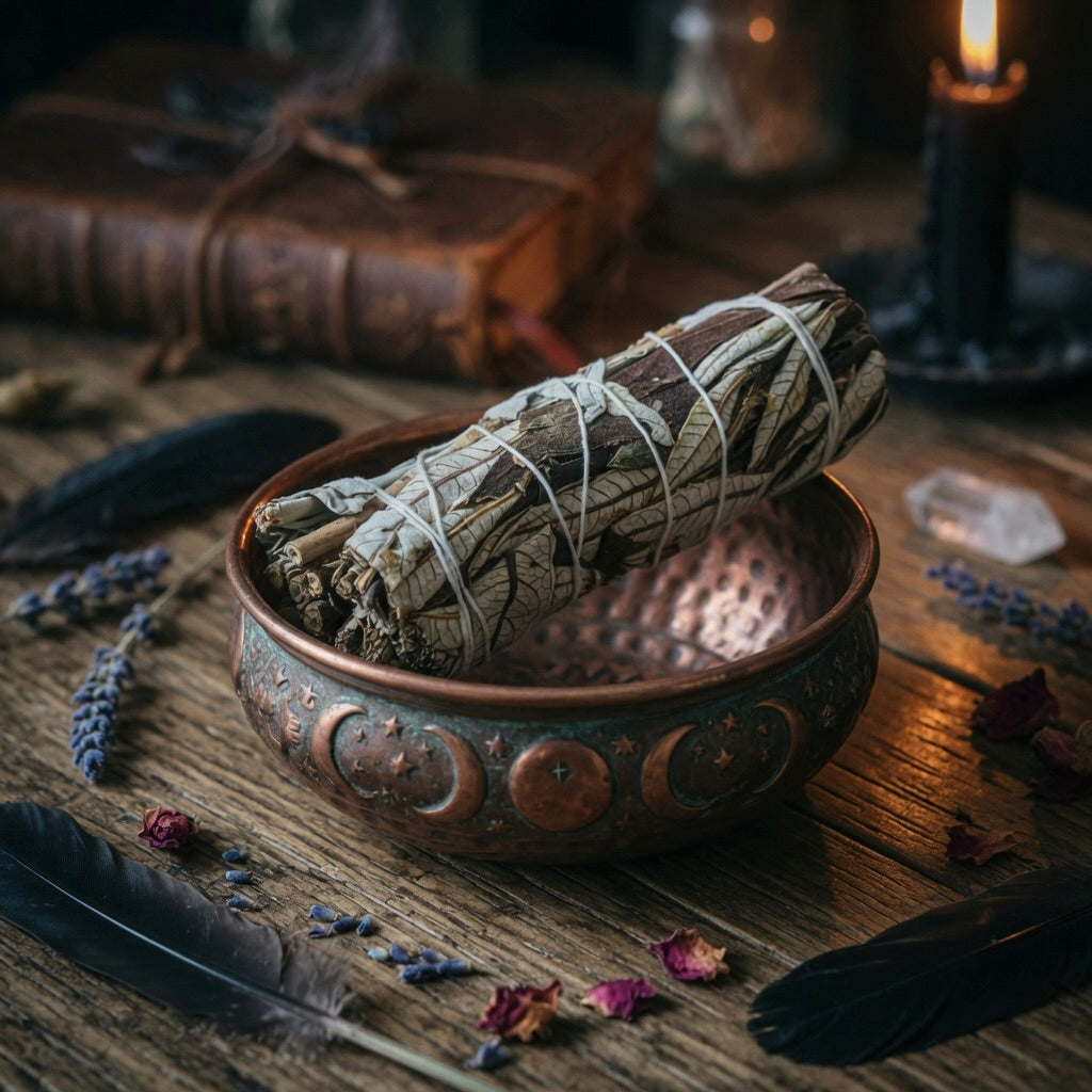 Copper bowl with sage and yerba smudge sticks on a wooden surface with candles and books in the background