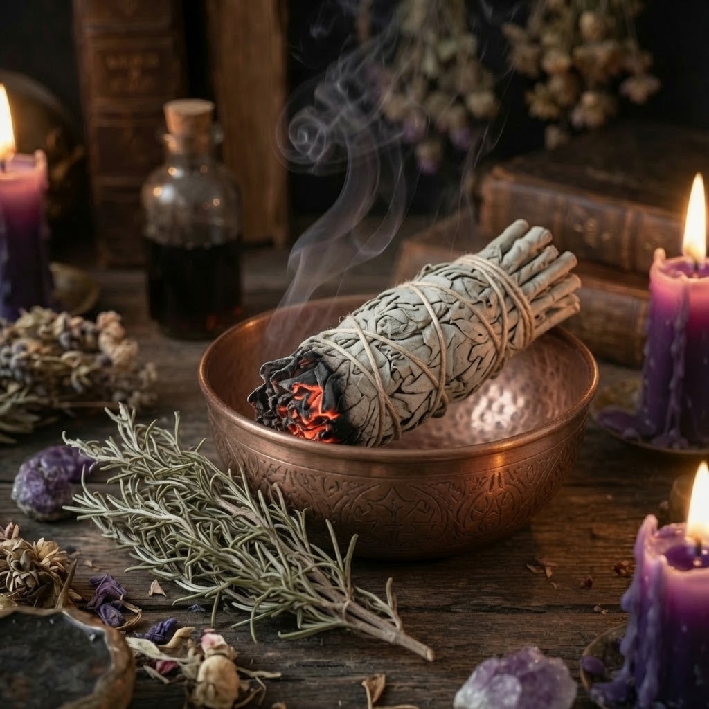 White sage smudge stick burning in a copper bowl with candles and herbs on a wooden surface