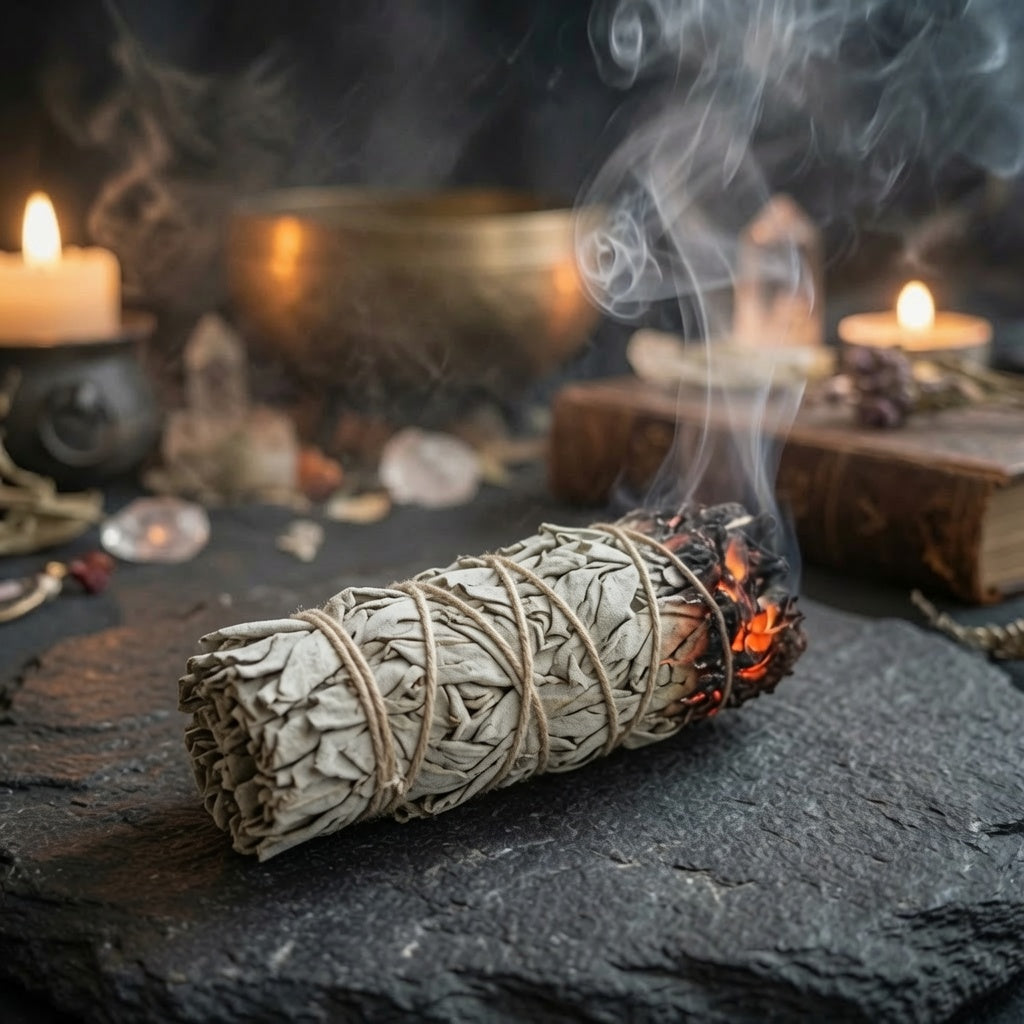 White sage smudge stick smouldering on a slate surface with book, crystals and candles in the background