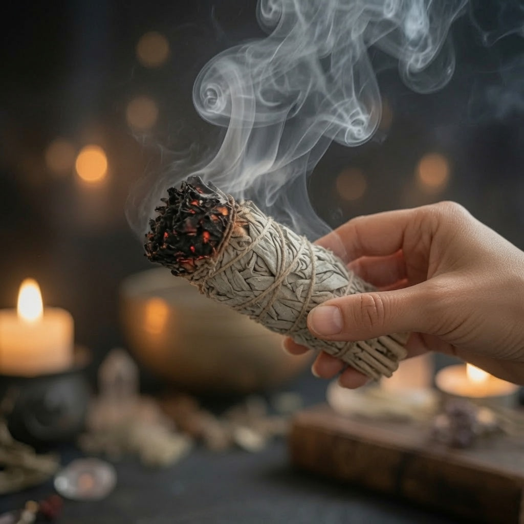Hand holding a smouldering sage bundle with blurred candles and stones in the background