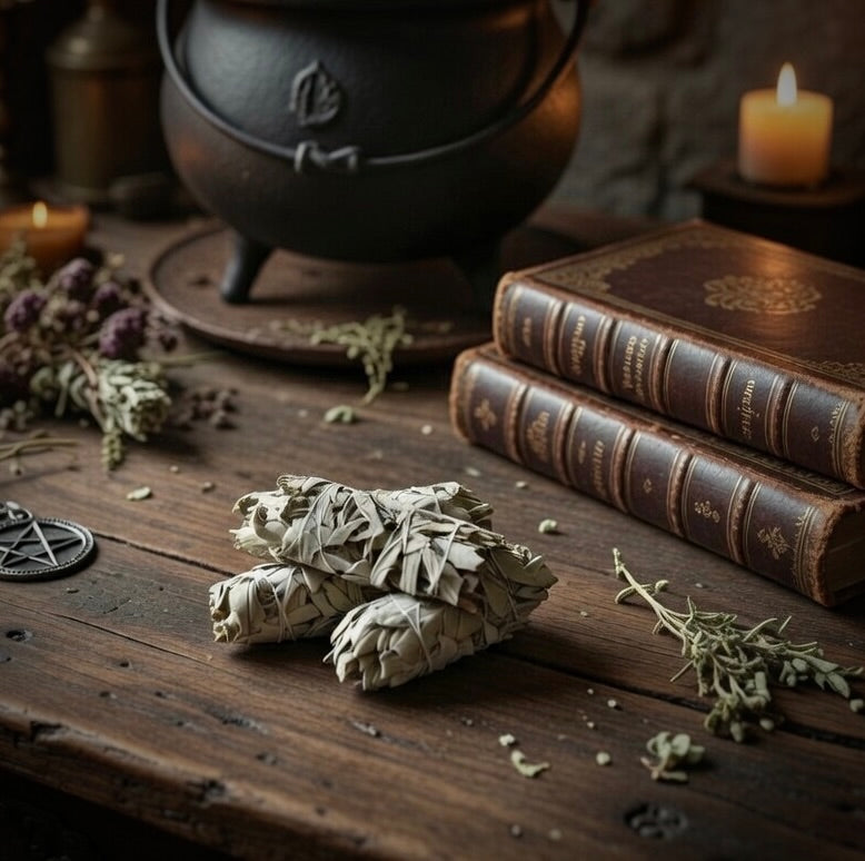 sage smudge sticks, with pagan books, and a cauldron on a wooden surface.