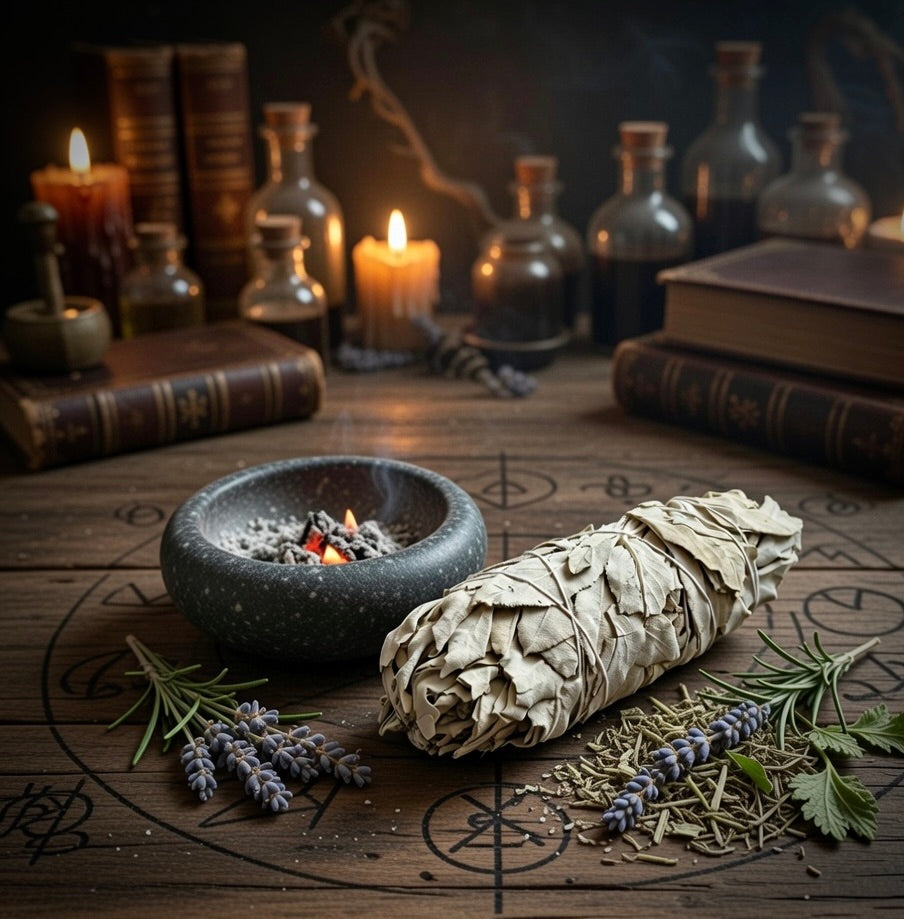 Sage smudge stick next to a smudge bowl, on an occult carved wooden surface, with lit candles and books in the background 