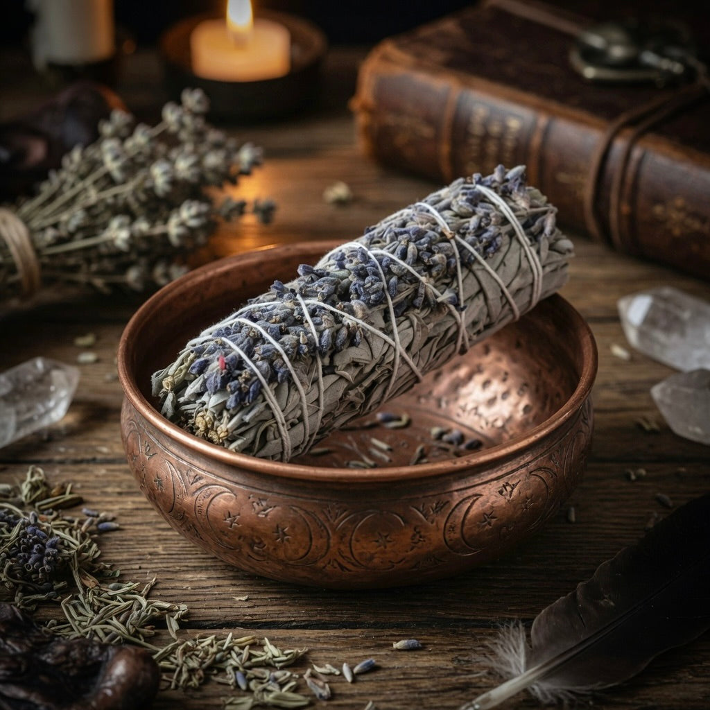 Sage and lavender smudge stick in a copper bowl with dried lavender and books in the background