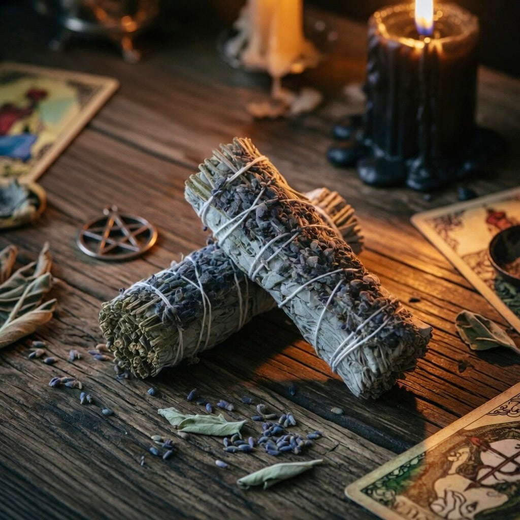 Two sage and lavender smudge sticks on a wooden surface with tarot cards and a candle.