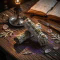 Two sage and sweetgrass smudge sticks on a wooden surface with a lit candle, book, and crystals.