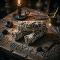 Sage and yerba smudge sticks on a wooden surface with mystical symbols, a lit candle, and other items.