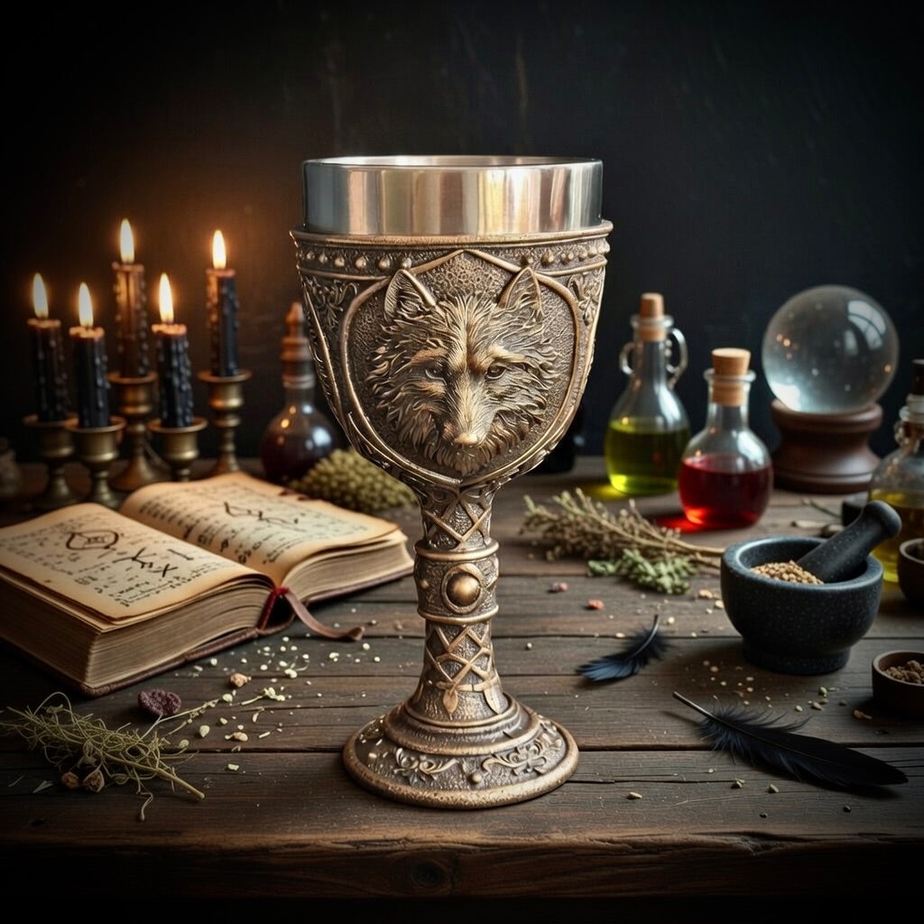 Decorative goblet with wolf design on a mystical table with pagan candles and books.
