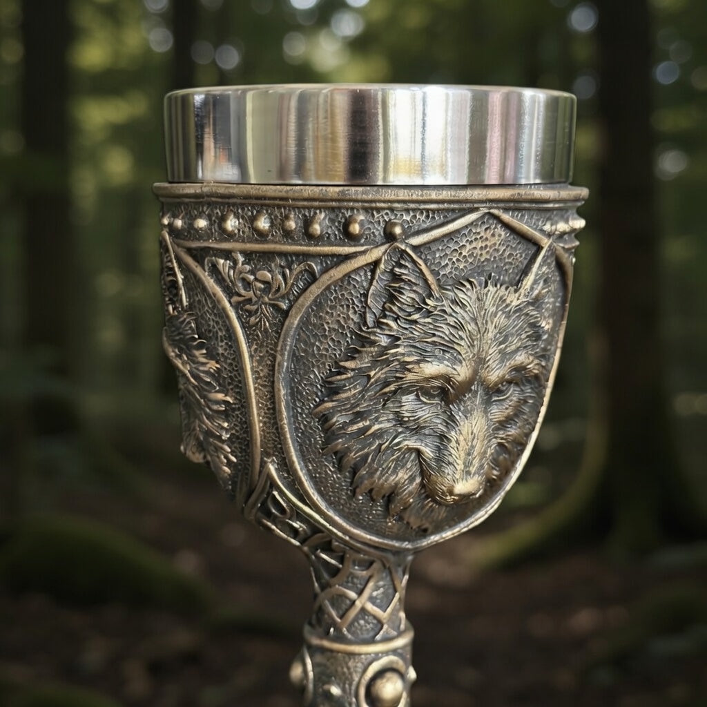 Decorative goblet with wolf head emblem against a blurred natural background