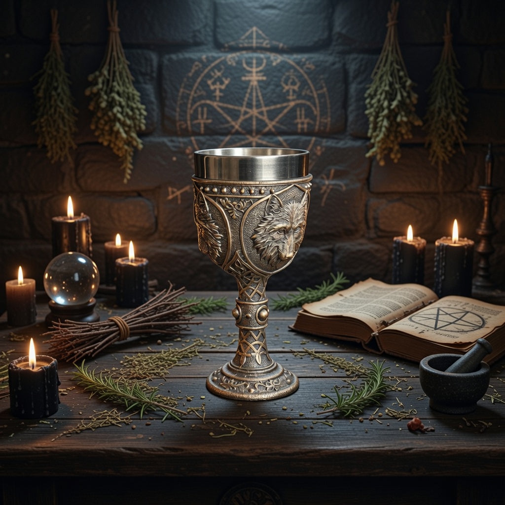 Decorative goblet on a table with candles, herbs, and an open book in an occult setting.