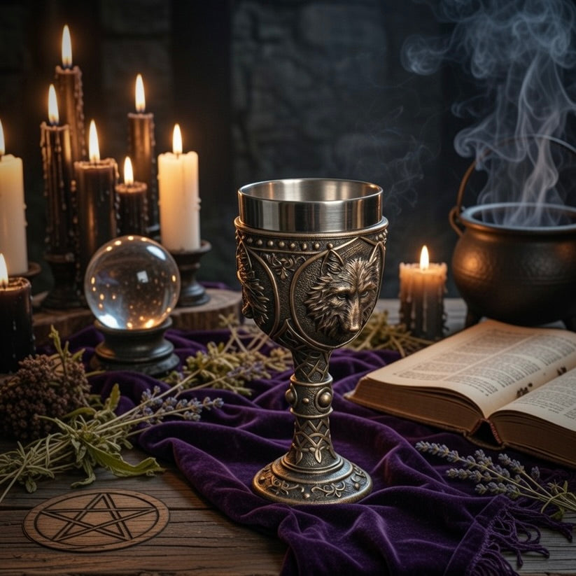 Decorative goblet with wolf design on a table with occult items, candles, a crystal ball, and an open book.