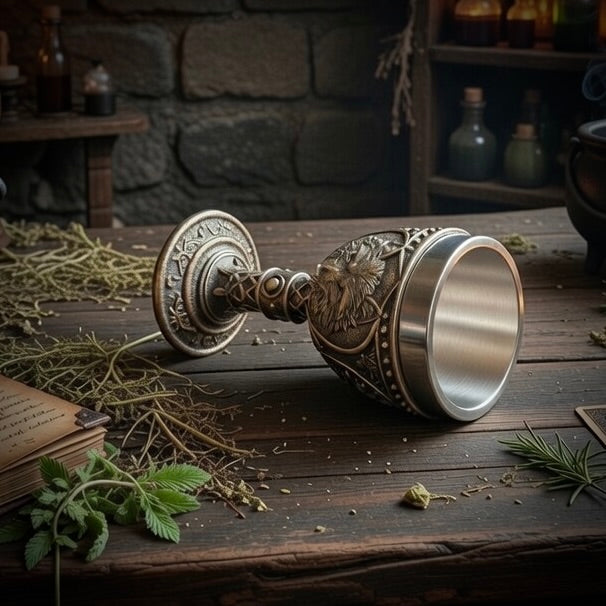 Decorative resin and stainless steel goblet on a wooden surface with herbs and an open book in a rustic setting.