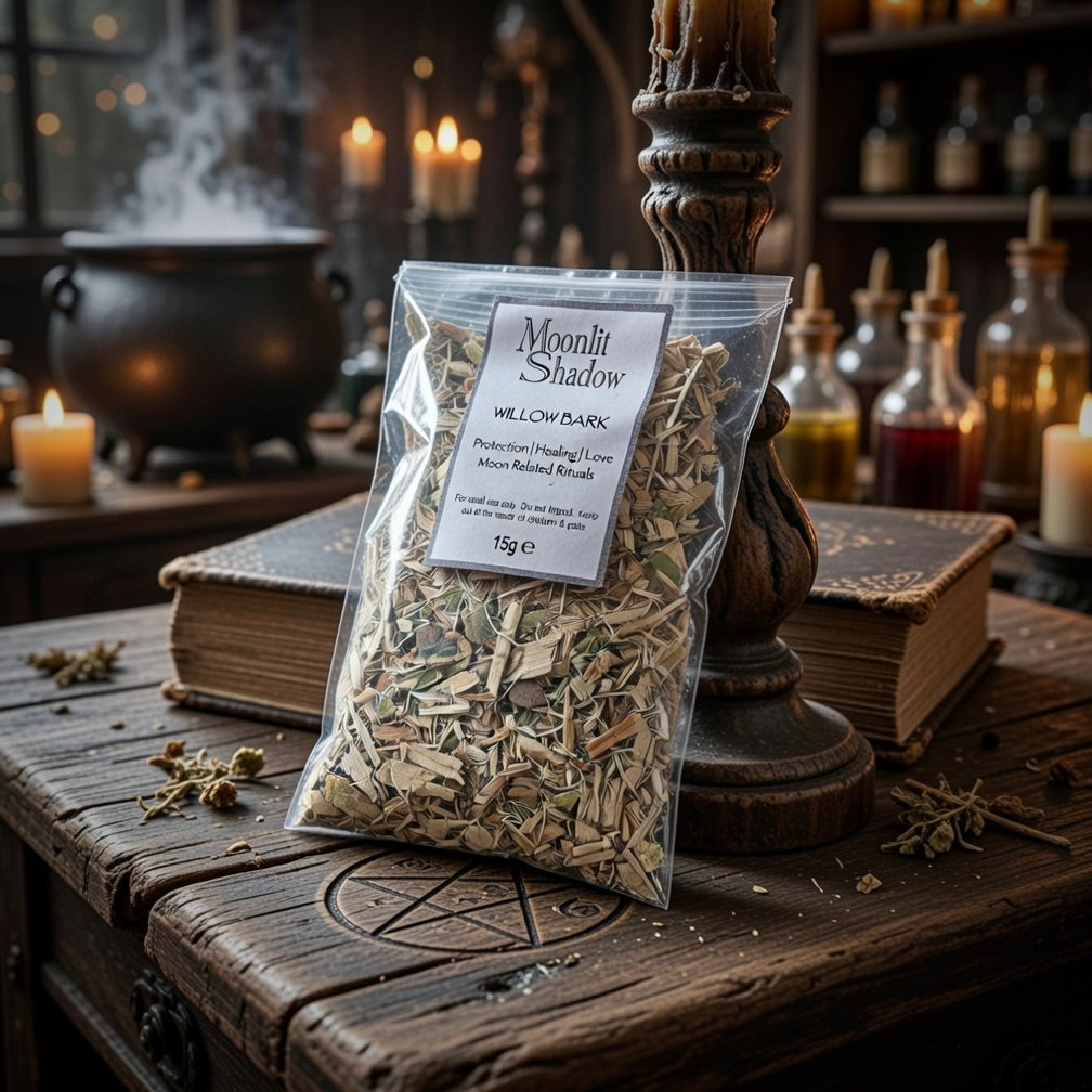 Packaged willow bark labeled 'Moonlit Shadow' on a wooden table with candles and witchcraft items in the background