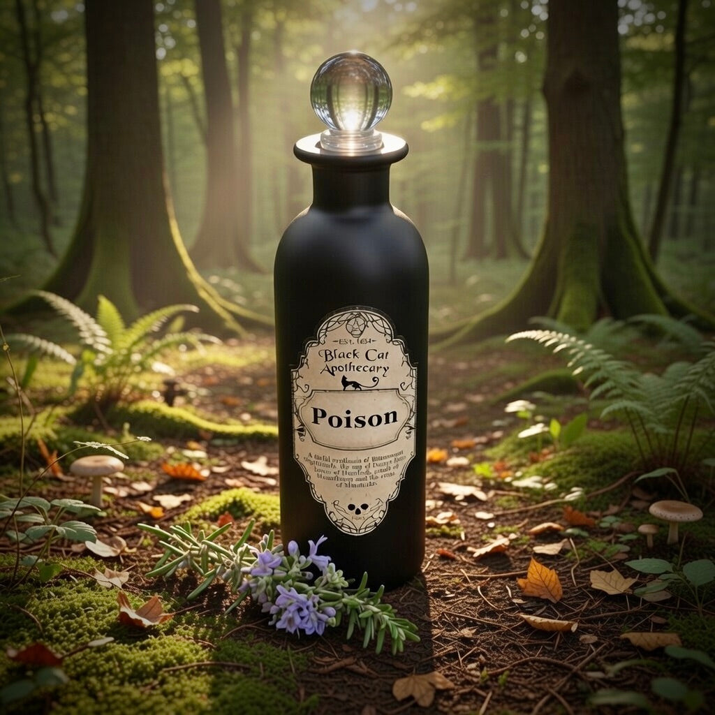 Bottle labeled 'Poison' from 'Black Cat Apothecary' in a forest setting