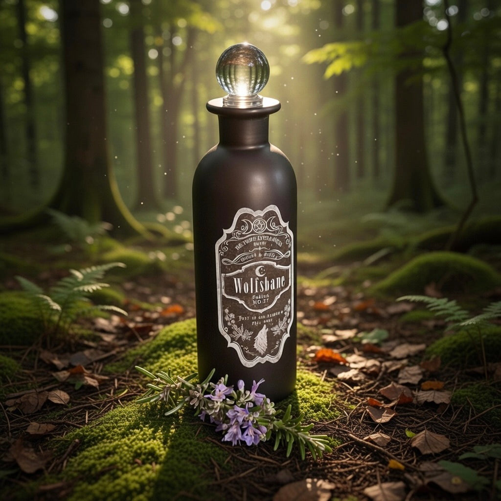 Black bottle labeled 'Wolfsbane' in a forest setting