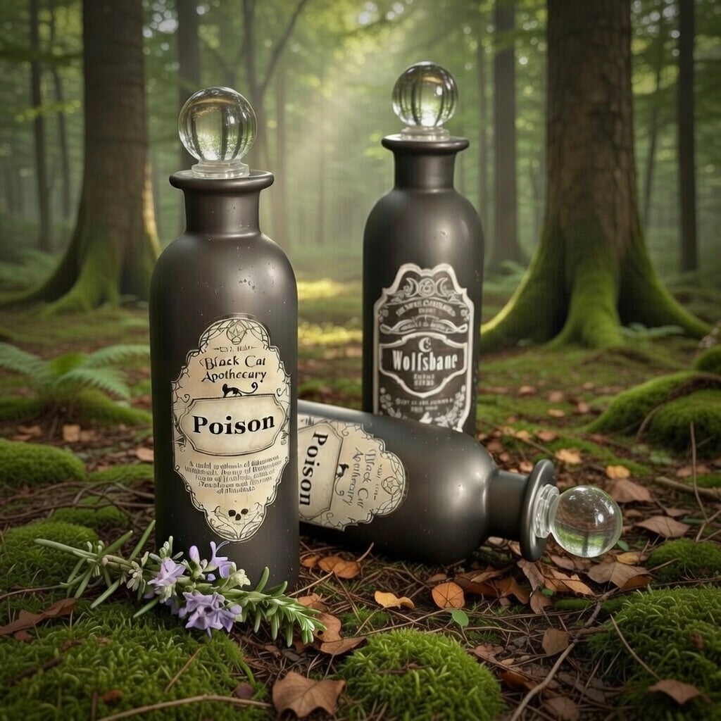 Decorative black bottles with poison and wolfsbane on the label,with glass stoppers, in a natural woodland scene
