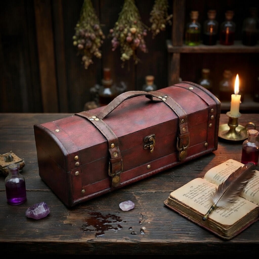 Wooden box containing witchcraft gift set, on wooden table with occult related items
