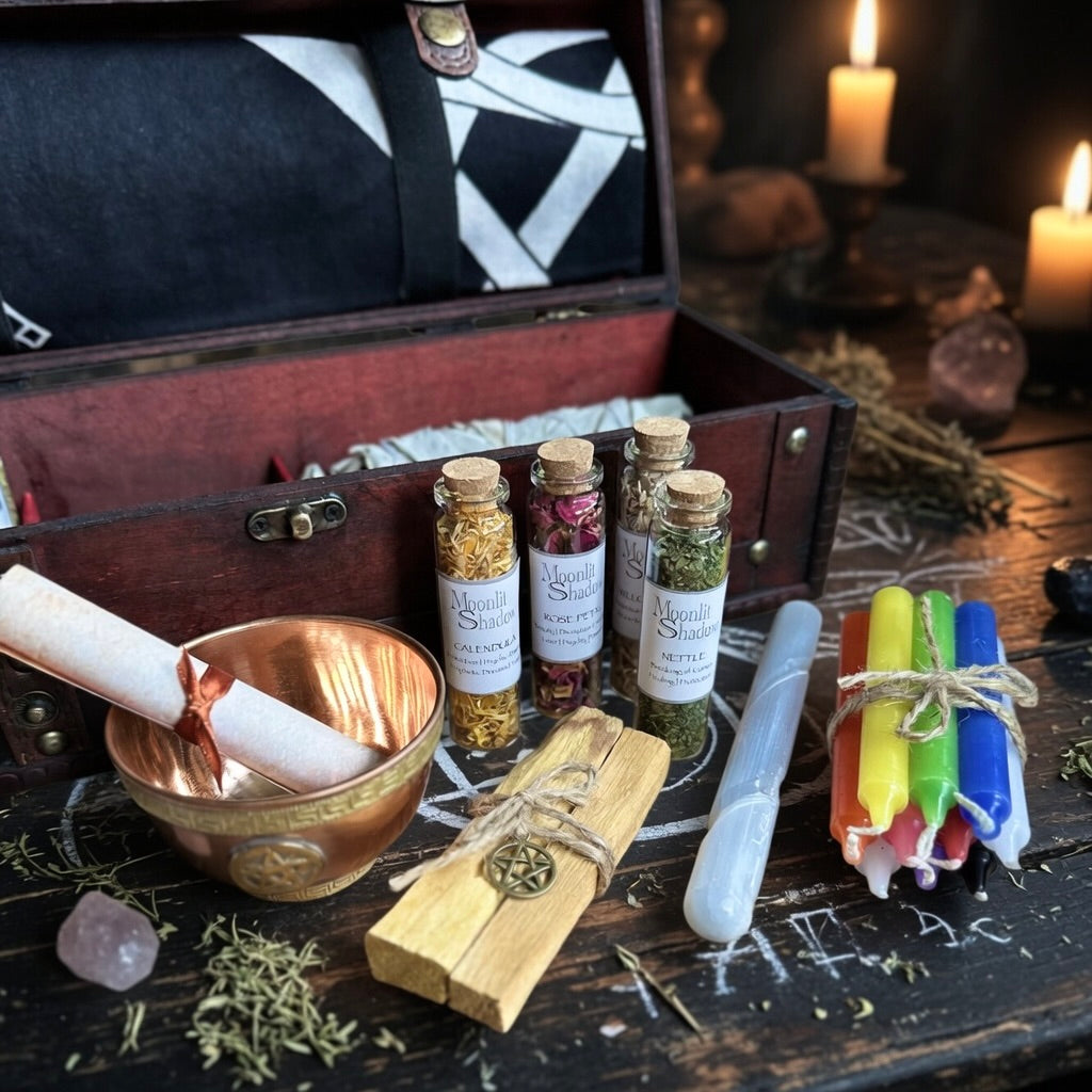 Witchcraft gift set contents, including herb bottles, a bowl, and candles on a dark surface with a candlelit background.