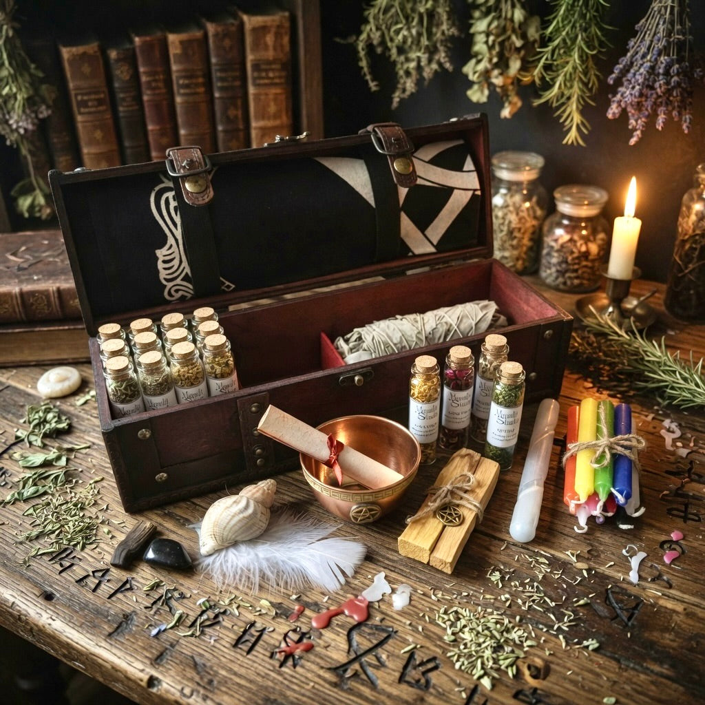 Witchcraft gift set with wooden box, herb bottles, spell candles and other witchcraft items on a carved wooden surface, with books, candle and herbs in the background.