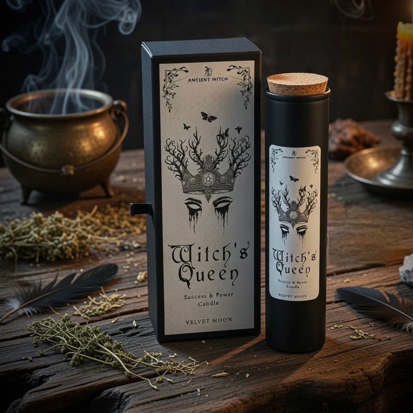 Witch's Queen spell candle and packaging on a wooden surface with occult elements.
