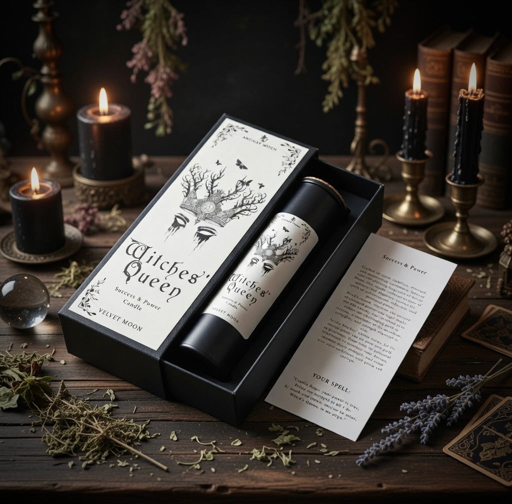 Witch's Queen spell candle and packaging on a wooden surface with mystical elements.