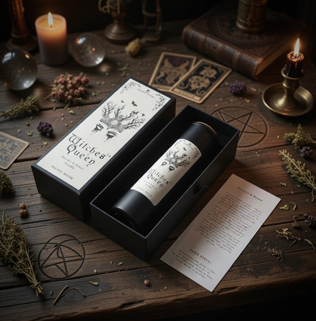 Witch's Queen spell candle and packaging on a wooden surface with mystical elements.