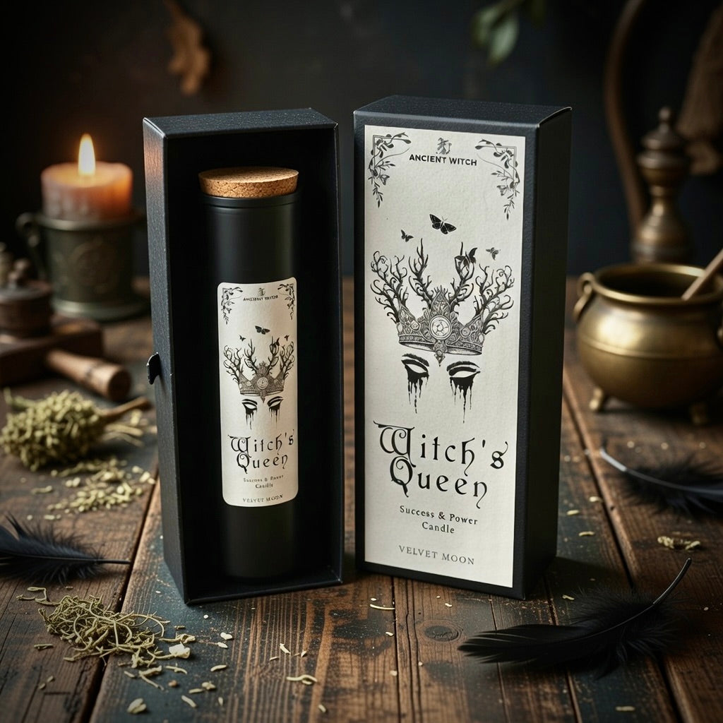 Witch's Queen spell candle and packaging on a wooden surface with mystical elements.