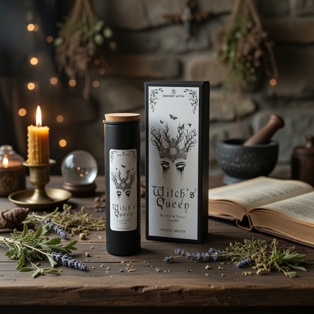 Witch's Queen spell candle and packaging on a wooden surface with mystical elements.