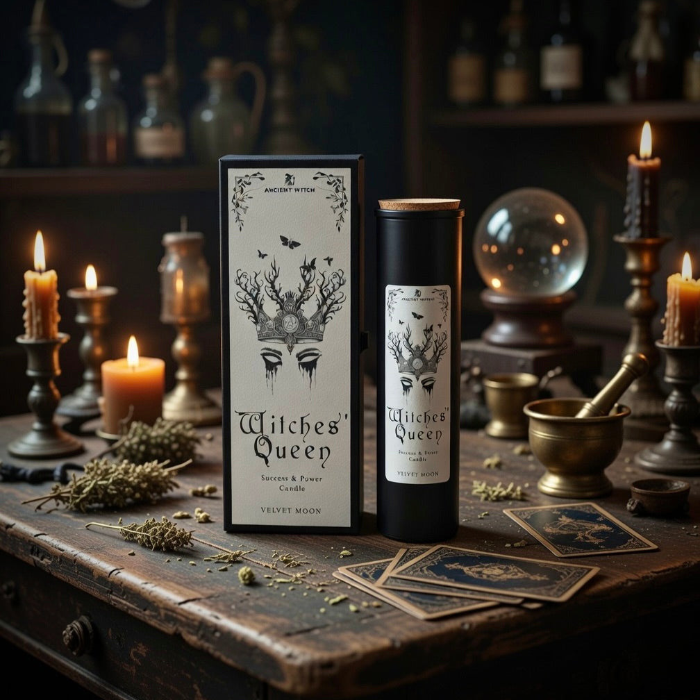 Witch's Queen spell candle and packaging on a wooden surface with witchcraft elements.