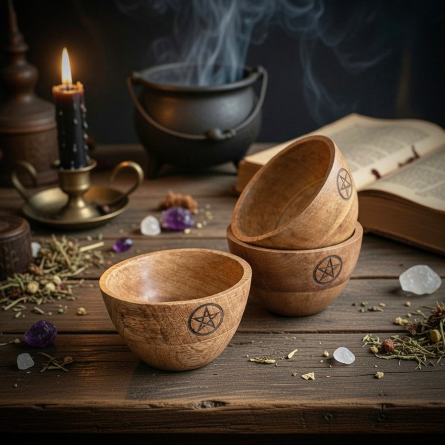 Wooden altar bowl with pentagram design on a table with books, candle, and crystal ball with a pagan setting.