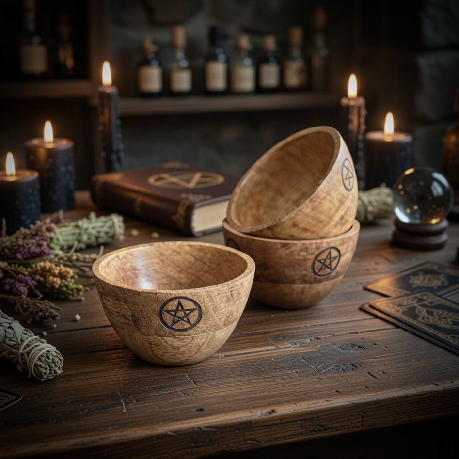Wooden ritual bowls with pentagram symbols on a mystical table with candles and books with occult theme