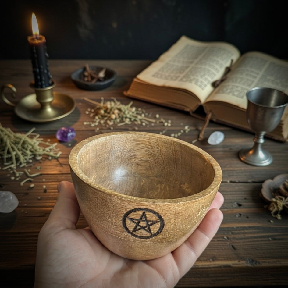 Wooden smudging bowl with pentagram design held by a hand, on a mystical table with books and candles.