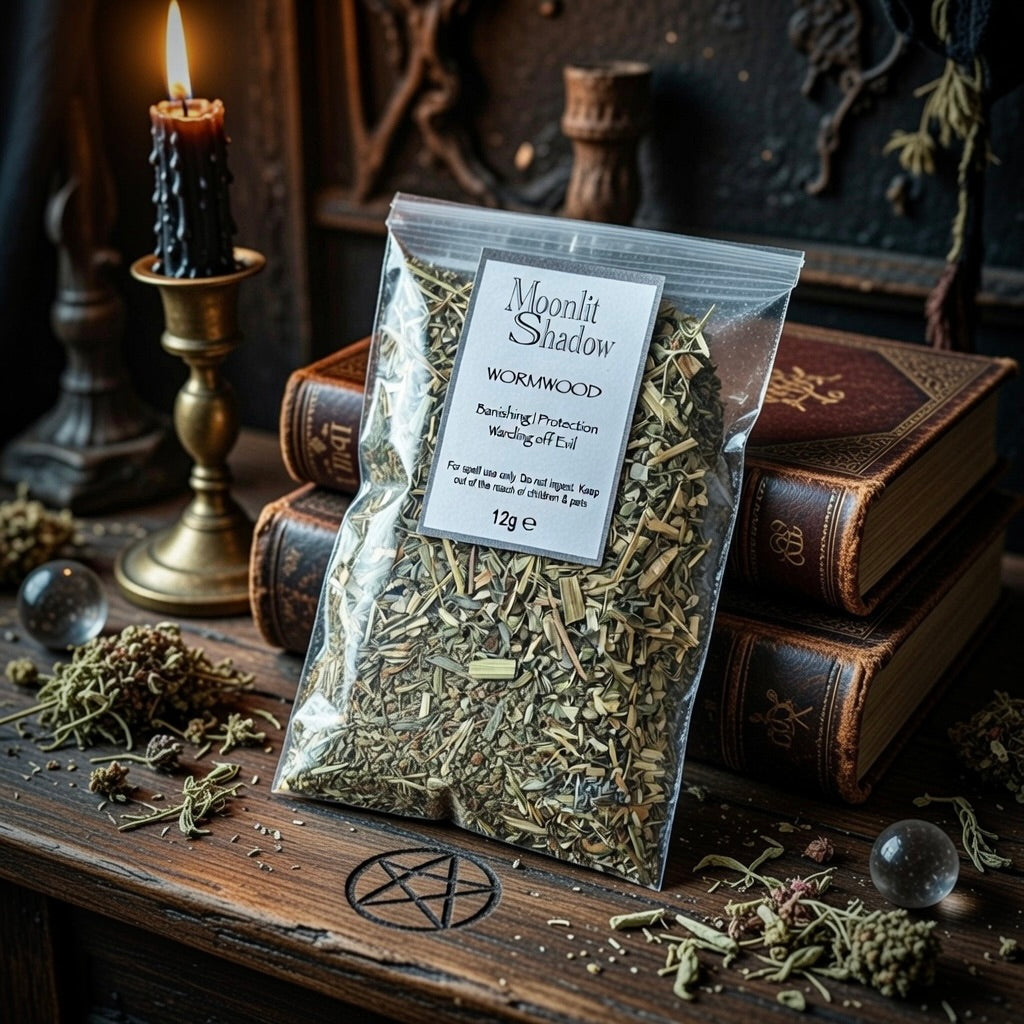 Packaged wormwood on a wooden surface with candles and books in the background