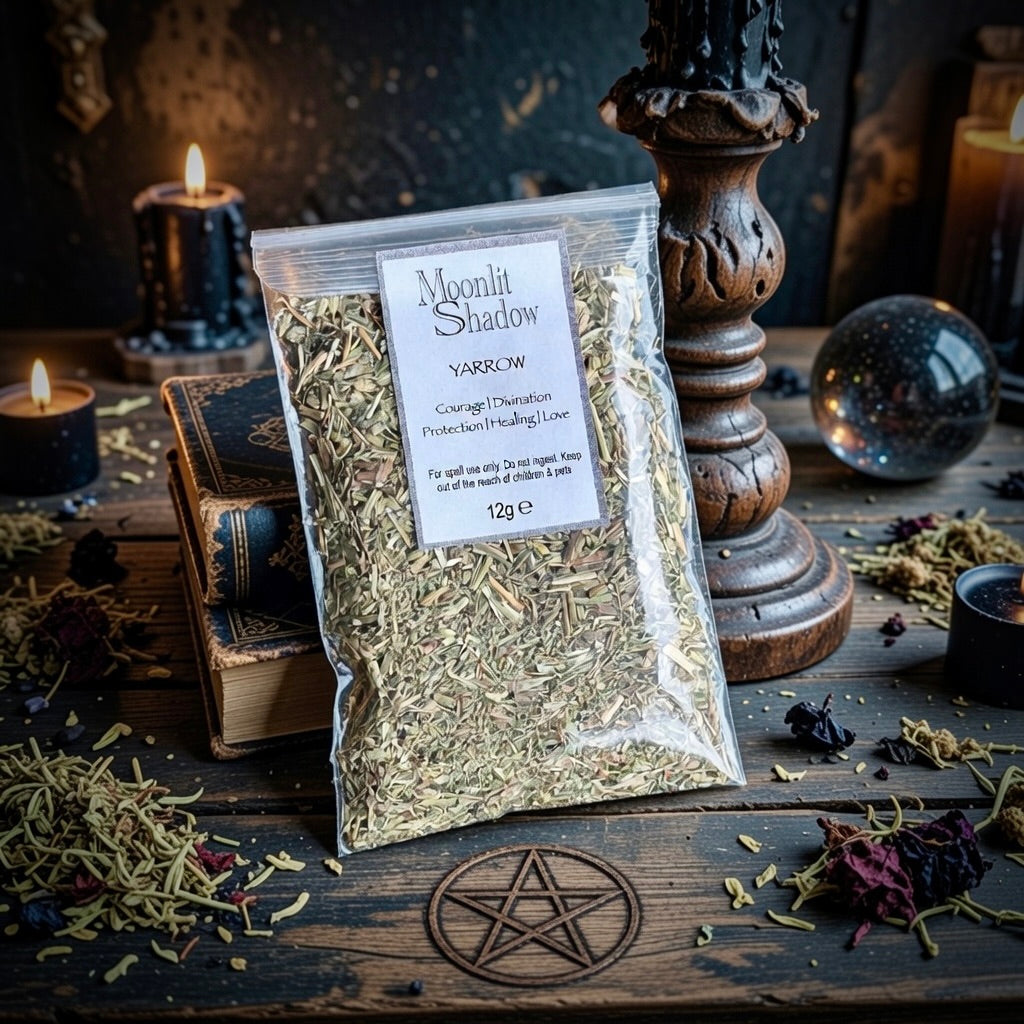 Packaged Yarrow spell herb on a wooden surface with occult candles and crystals