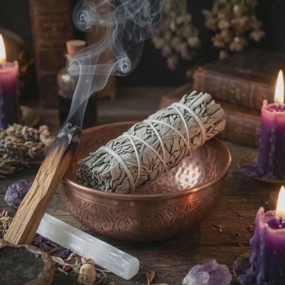 Smudging bundle with sage smudge stick, palo santo and selenite stick, with witchcraft related items behind