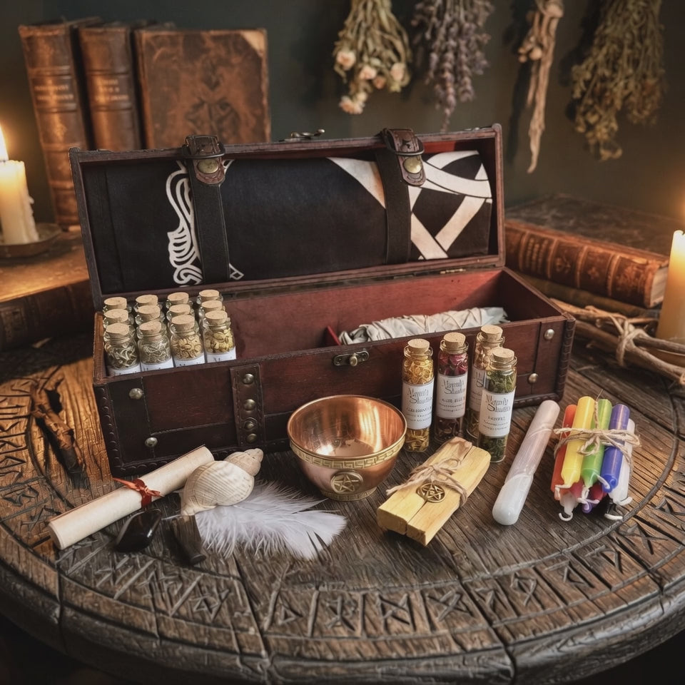 Witchcraft git set with wooden box, candles, palo santo, altar cloth, copper bowl, and any more witchcraft items