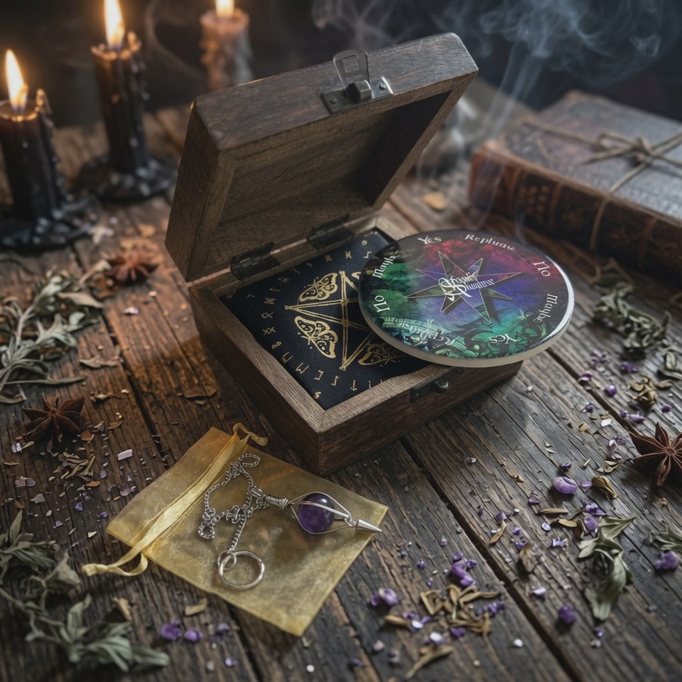 Open wooden divination gift set box, showing the contents, a ceramic pendulum board, black and gold pendulum cloth and amethyst pendulum on a gold coloured pouch