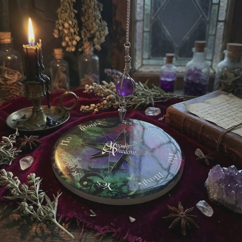 Ceramic moonlit shadow pendulum board with swinging amethyst pendulum, on a red velvet cloth with witchcraft related item behind